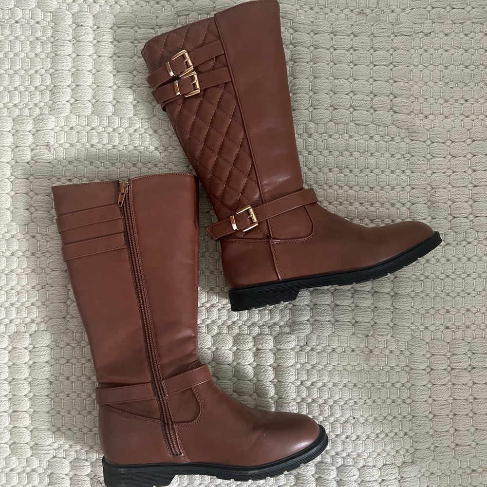Brown Quilted Knee-High Boots